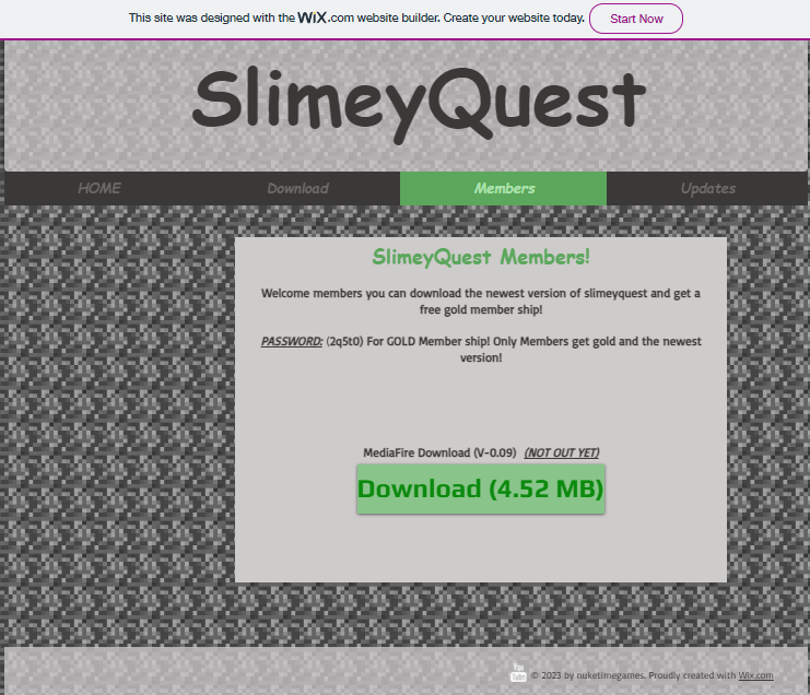 SlimeyQuest Website Screenshot